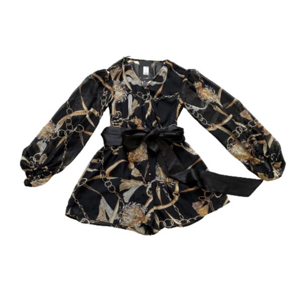 Fashion Nova Romper Skylar Black Gold Chain Tassel Balloon Long Sleeve Small NEW - Picture 12 of 12